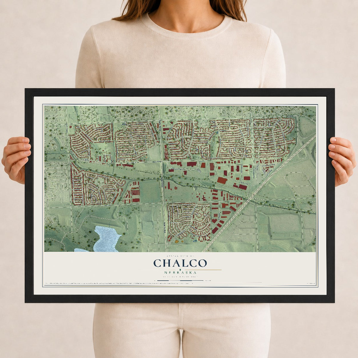 Map of Chalco, Nebraska, 12 x 18 inch print in a black wood frame