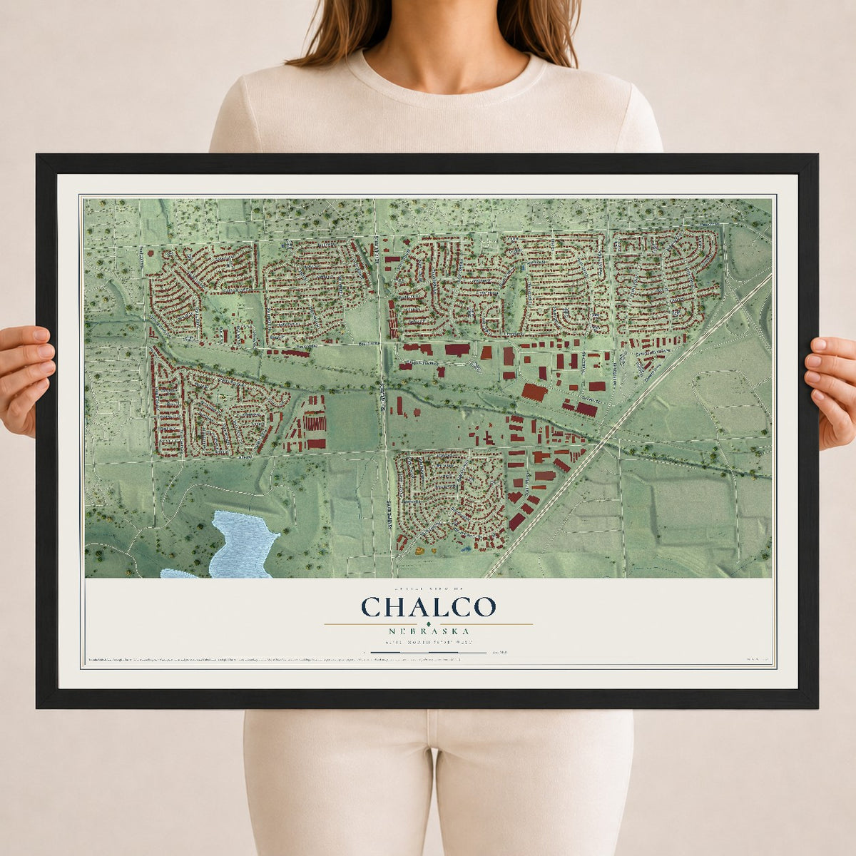 Map of Chalco, Nebraska, 18 x 24 inch print in a black wood frame