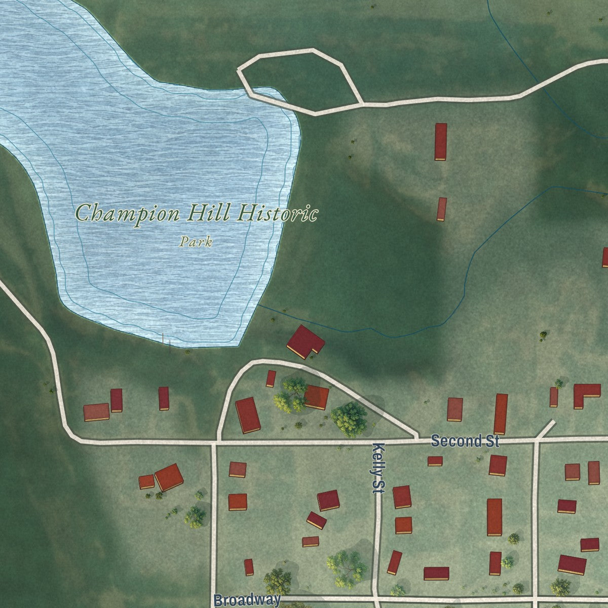 Close-up of the map of Champion, Nebraska print showing street and building detail
