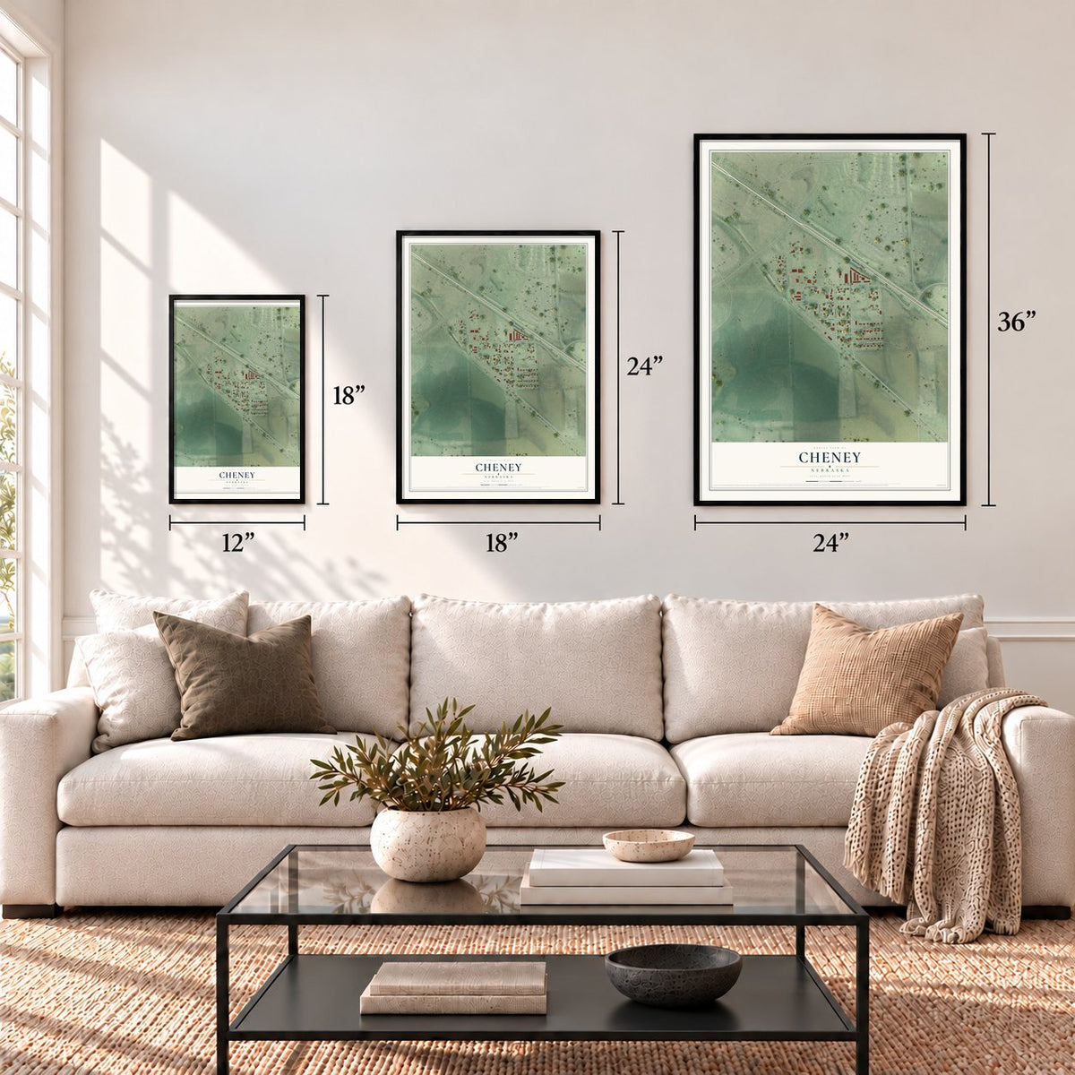 Cheney, Nebraska map in 12 x 18, 18 x 24 and 24 x 36 inch sizes above a sofa