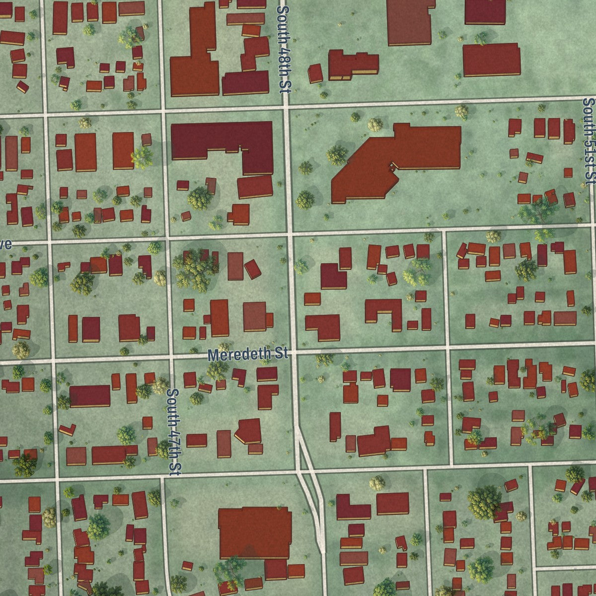 Close-up of the map of College View, Nebraska print showing street and building detail