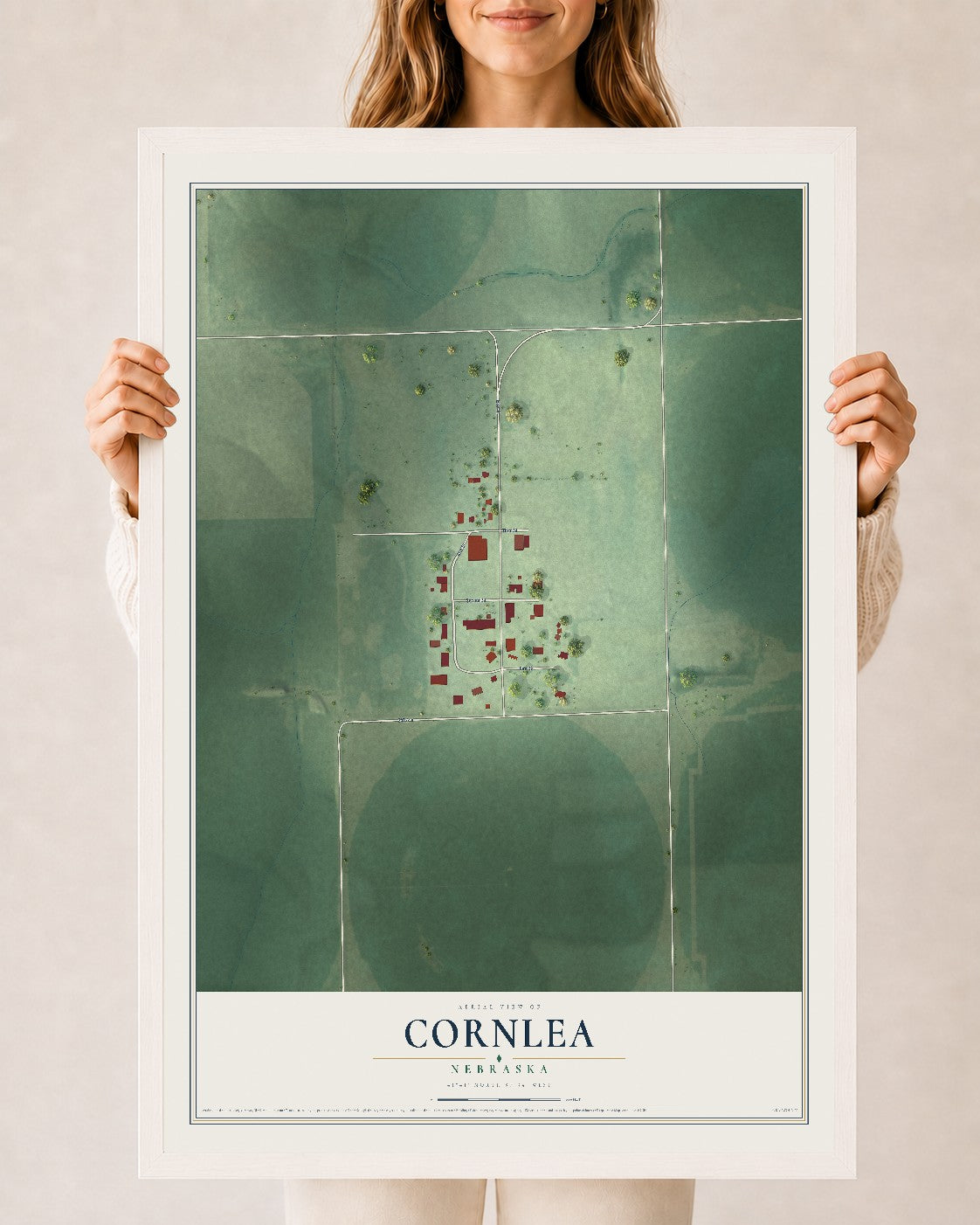 Map of Cornlea, Nebraska, 24 x 36 inch print in a white wood frame