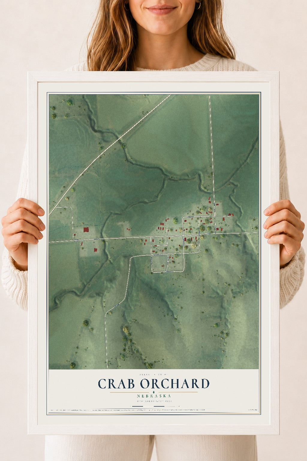 Map of Crab Orchard, Nebraska, 18 x 24 inch print in a white wood frame