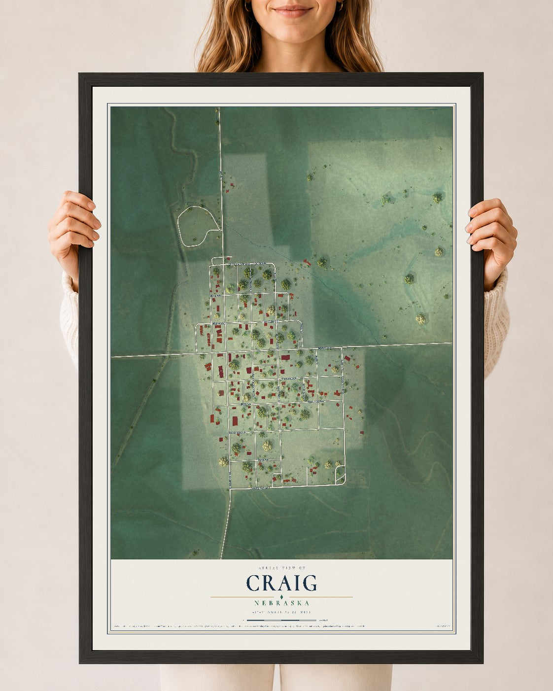 Map of Craig, Nebraska, 24 x 36 inch print in a black wood frame