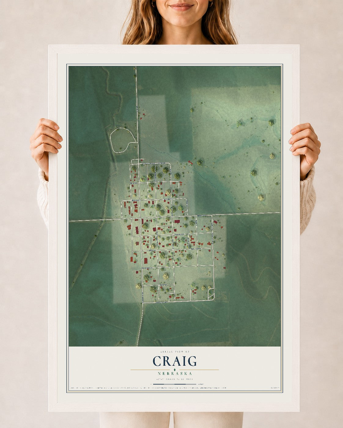 Map of Craig, Nebraska, 24 x 36 inch print in a white wood frame