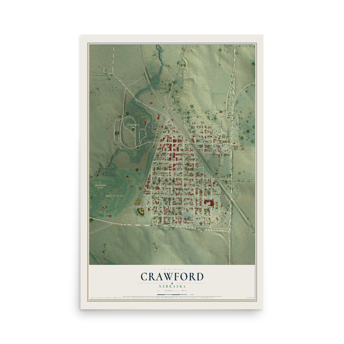 Map of Crawford, Nebraska, 12 x 18 inch unframed archival matte print