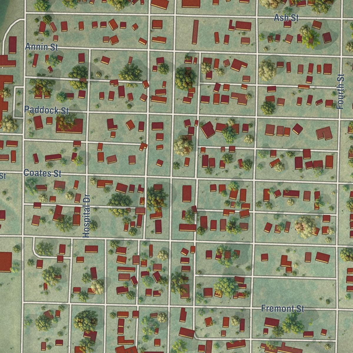 Close-up of the map of Crawford, Nebraska print showing street and building detail