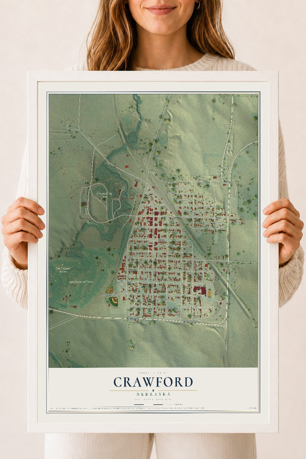 Map of Crawford, Nebraska, 18 x 24 inch print in a white wood frame