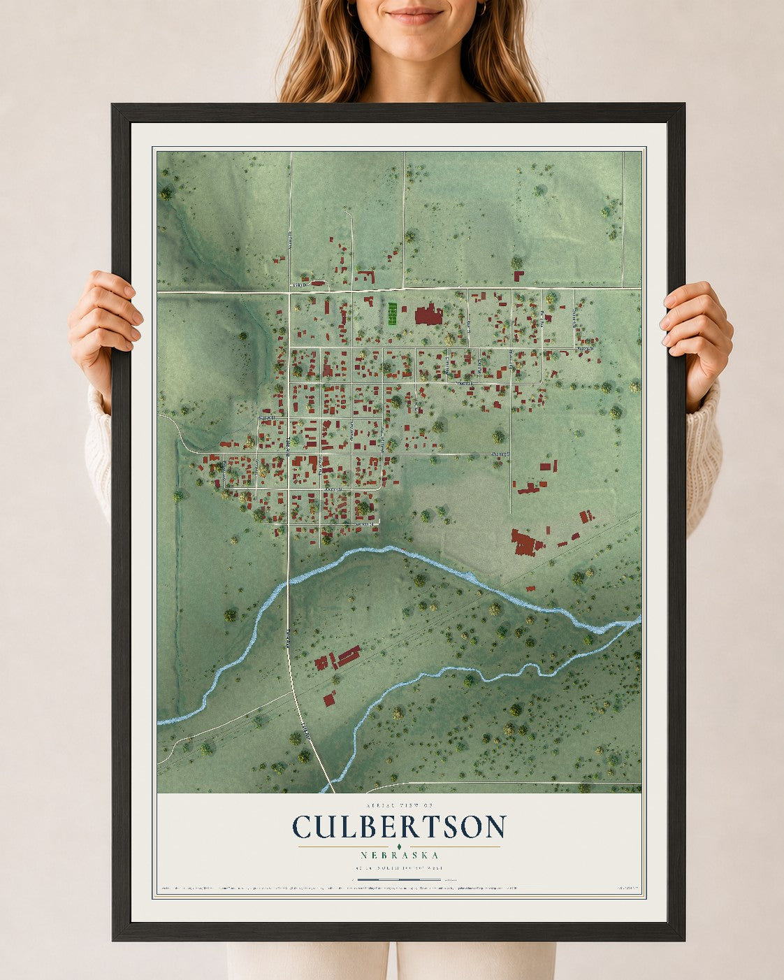 Map of Culbertson, Nebraska, 24 x 36 inch print in a black wood frame