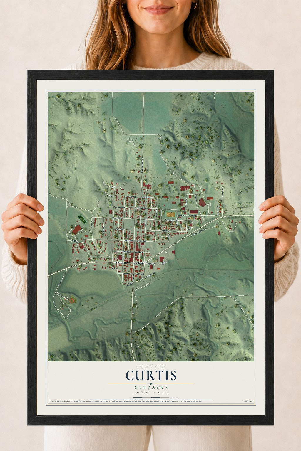 Map of Curtis, Nebraska, 18 x 24 inch print in a black wood frame