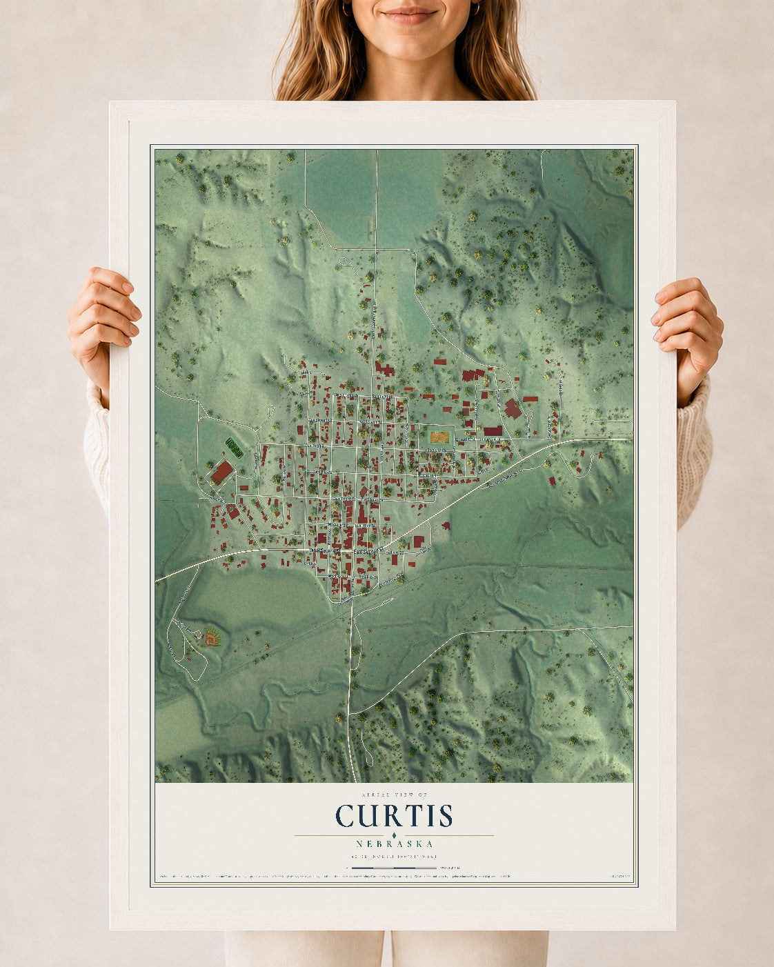Map of Curtis, Nebraska, 24 x 36 inch print in a white wood frame