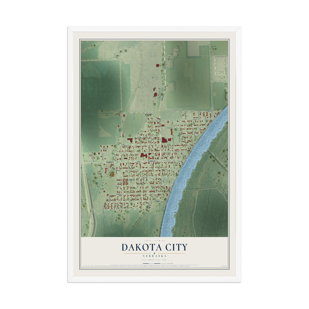 Map of Dakota City, Nebraska, 12 x 18 inch print in a white wood frame