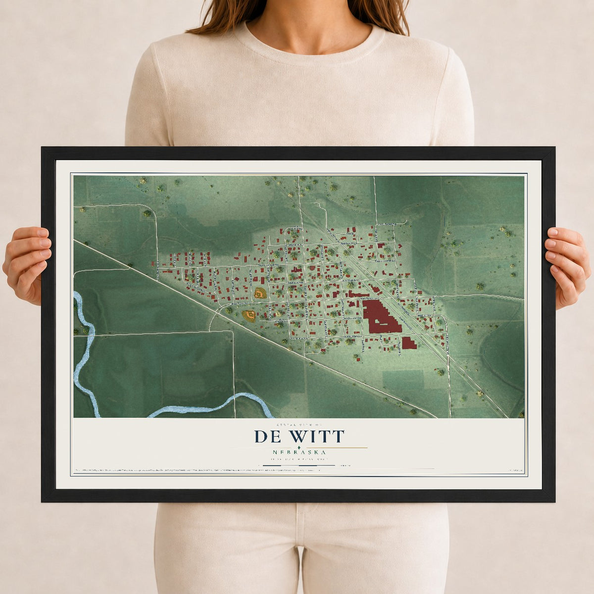Map of De Witt, Nebraska, 12 x 18 inch print in a black wood frame