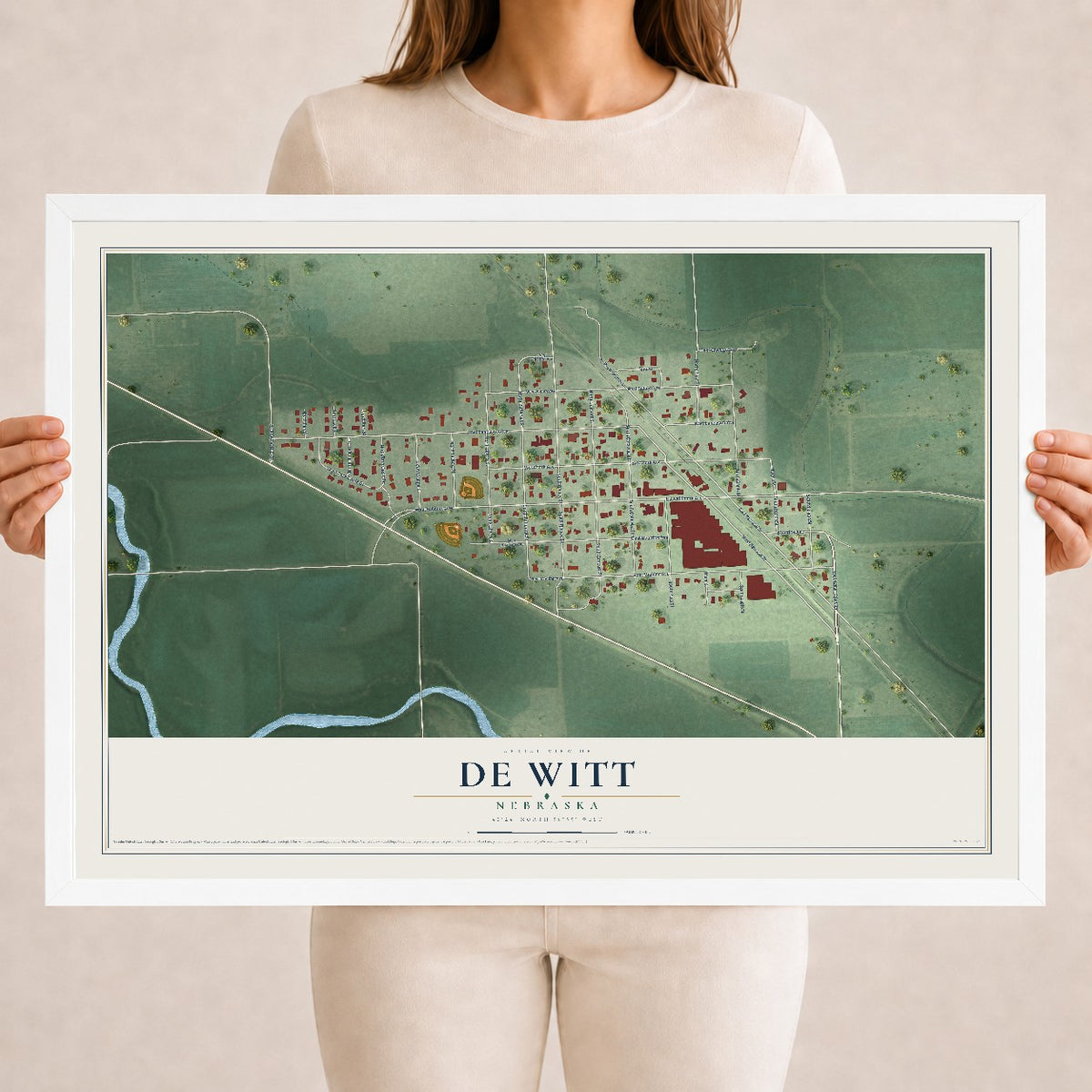 Map of De Witt, Nebraska, 18 x 24 inch print in a white wood frame