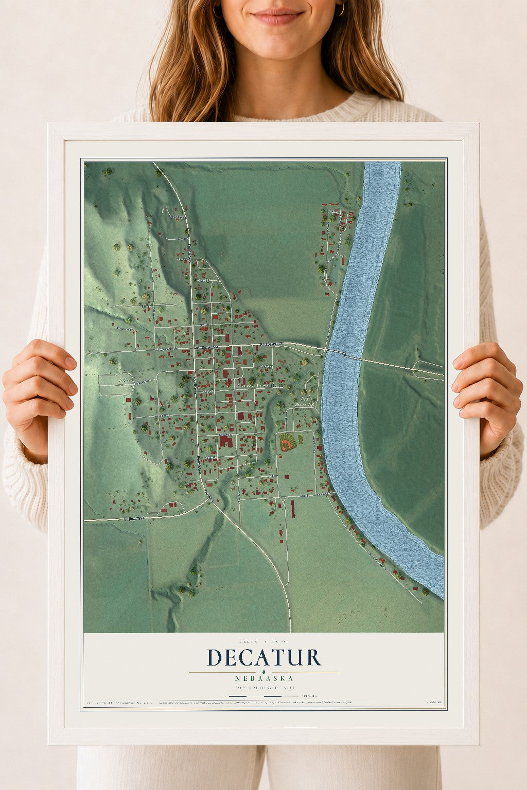 Map of Decatur, Nebraska, 18 x 24 inch print in a white wood frame