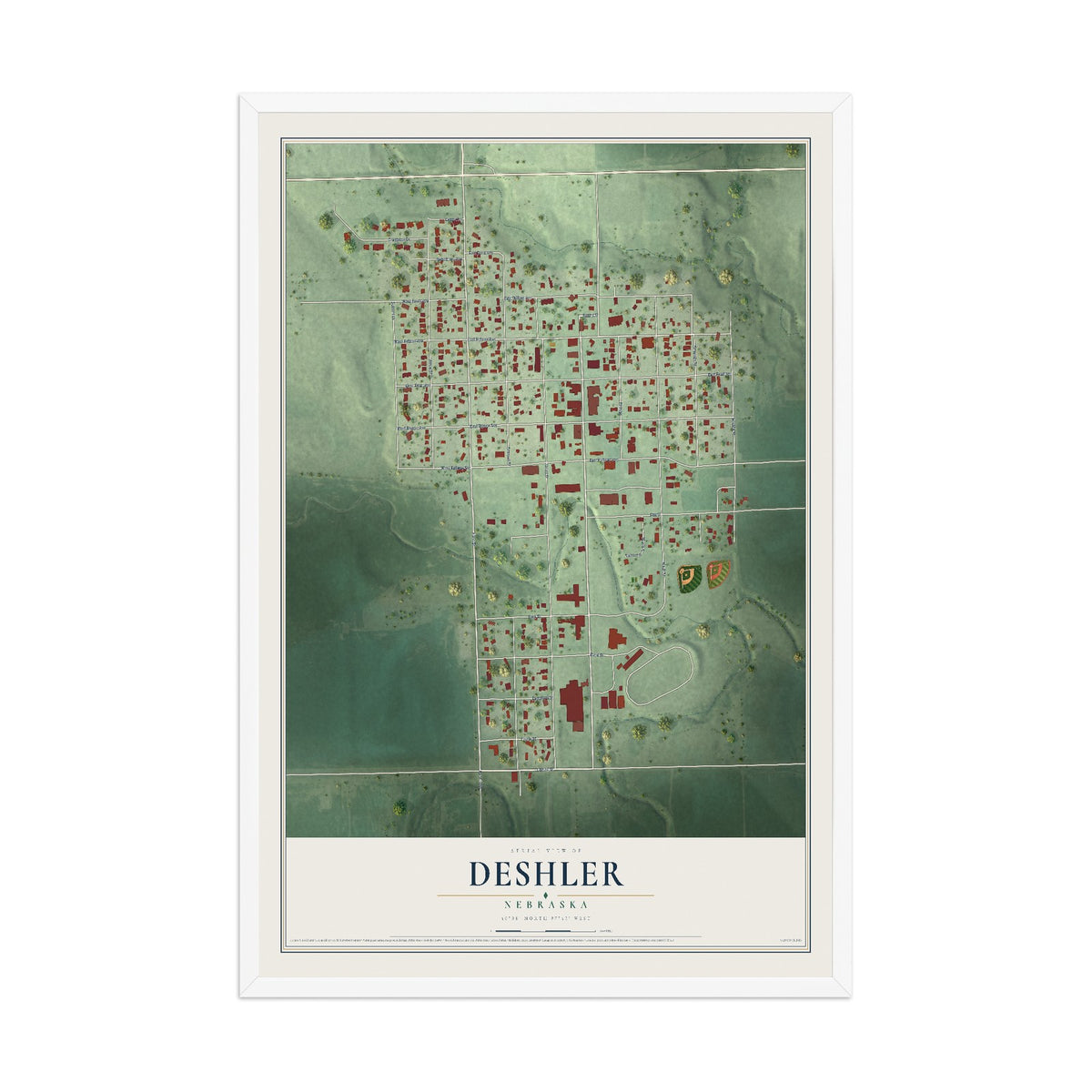 Map of Deshler, Nebraska, 12 x 18 inch print in a white wood frame