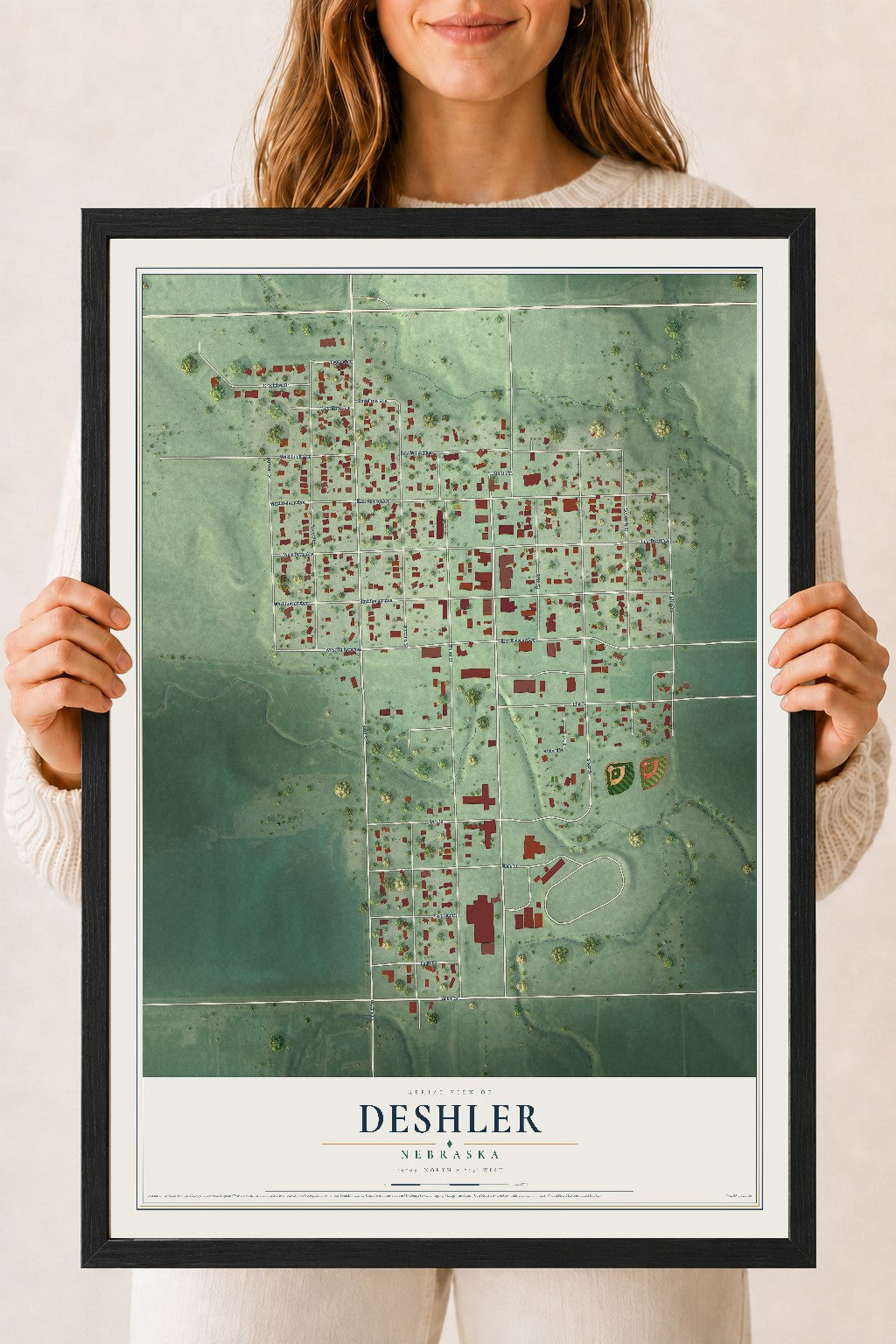 Map of Deshler, Nebraska, 18 x 24 inch print in a black wood frame