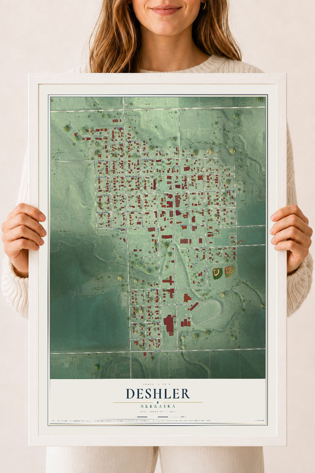 Map of Deshler, Nebraska, 18 x 24 inch print in a white wood frame