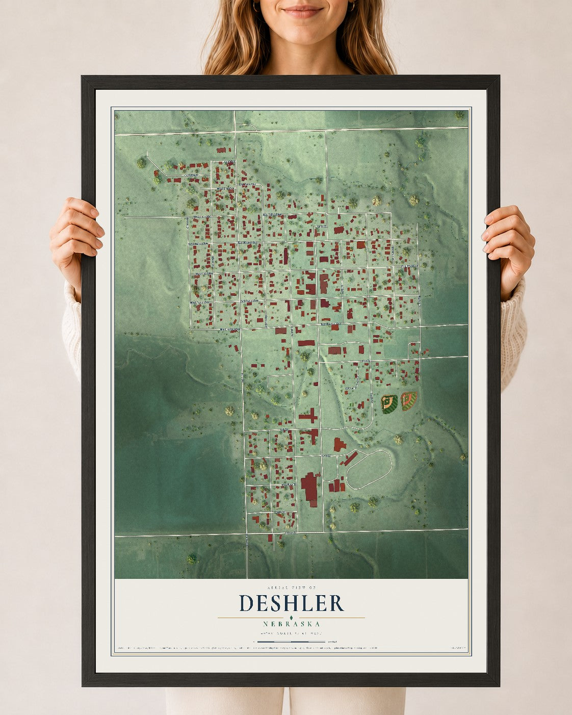 Map of Deshler, Nebraska, 24 x 36 inch print in a black wood frame
