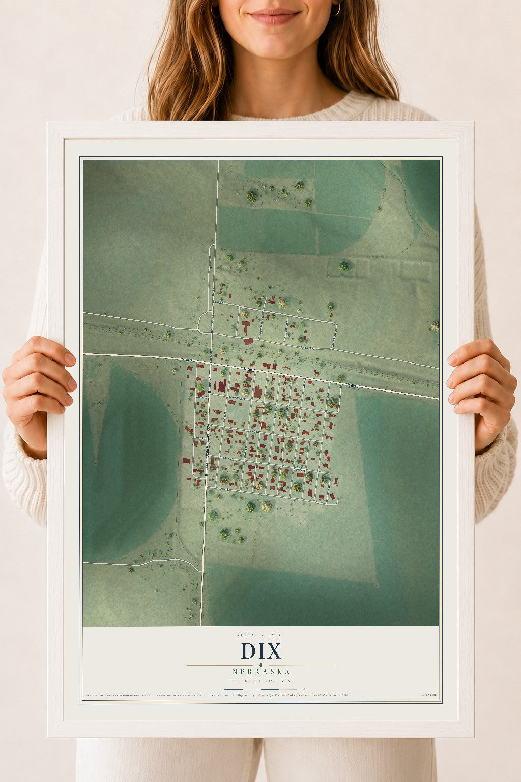 Map of Dix, Nebraska, 18 x 24 inch print in a white wood frame