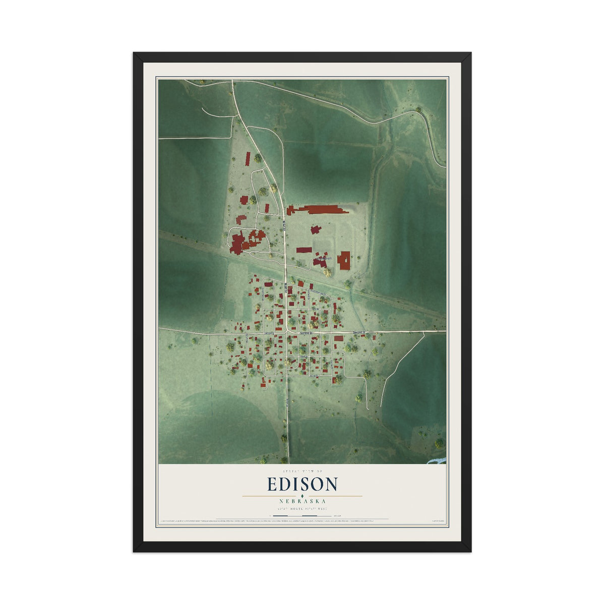 Map of Edison, Nebraska, 12 x 18 inch print in a black wood frame