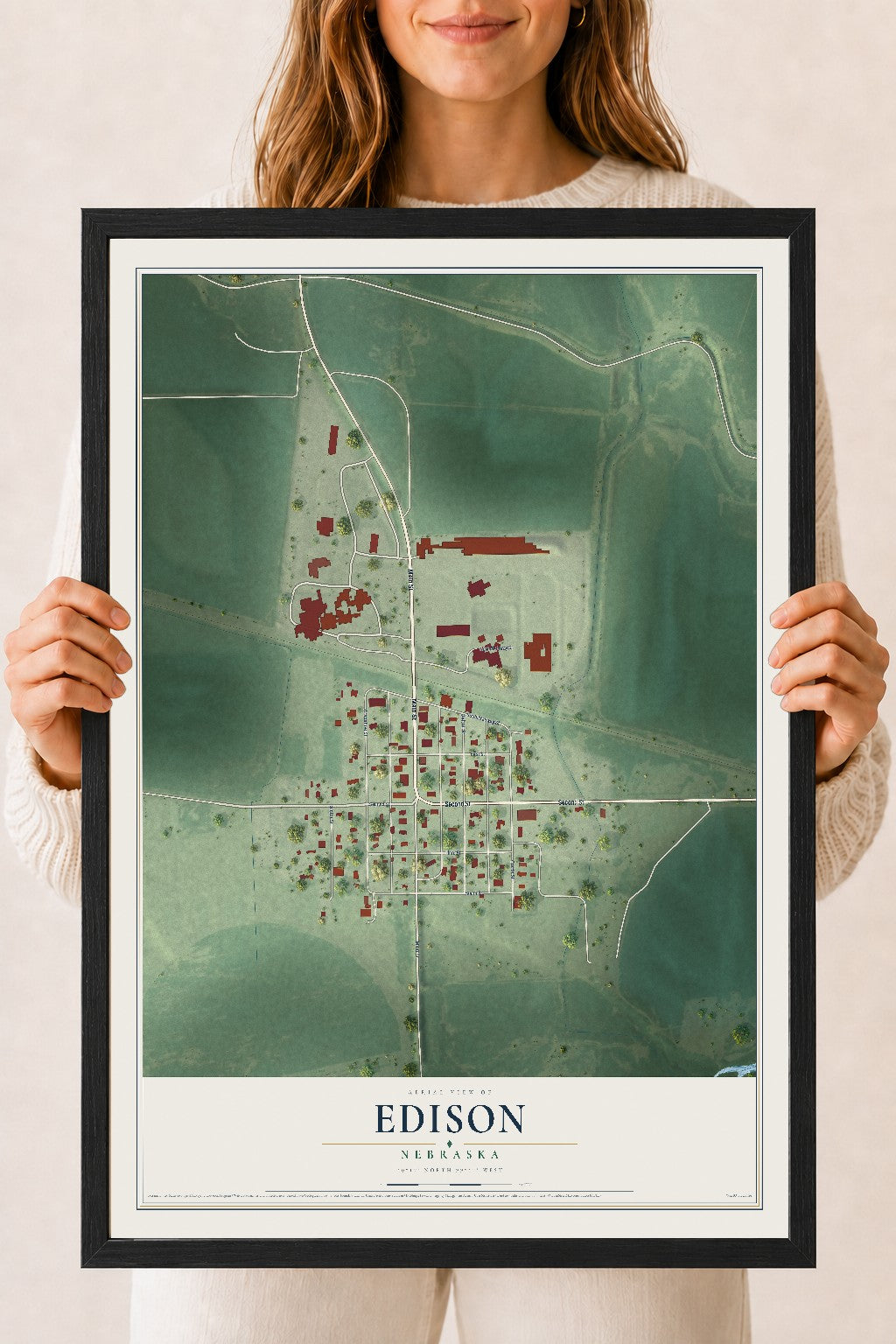 Map of Edison, Nebraska, 18 x 24 inch print in a black wood frame