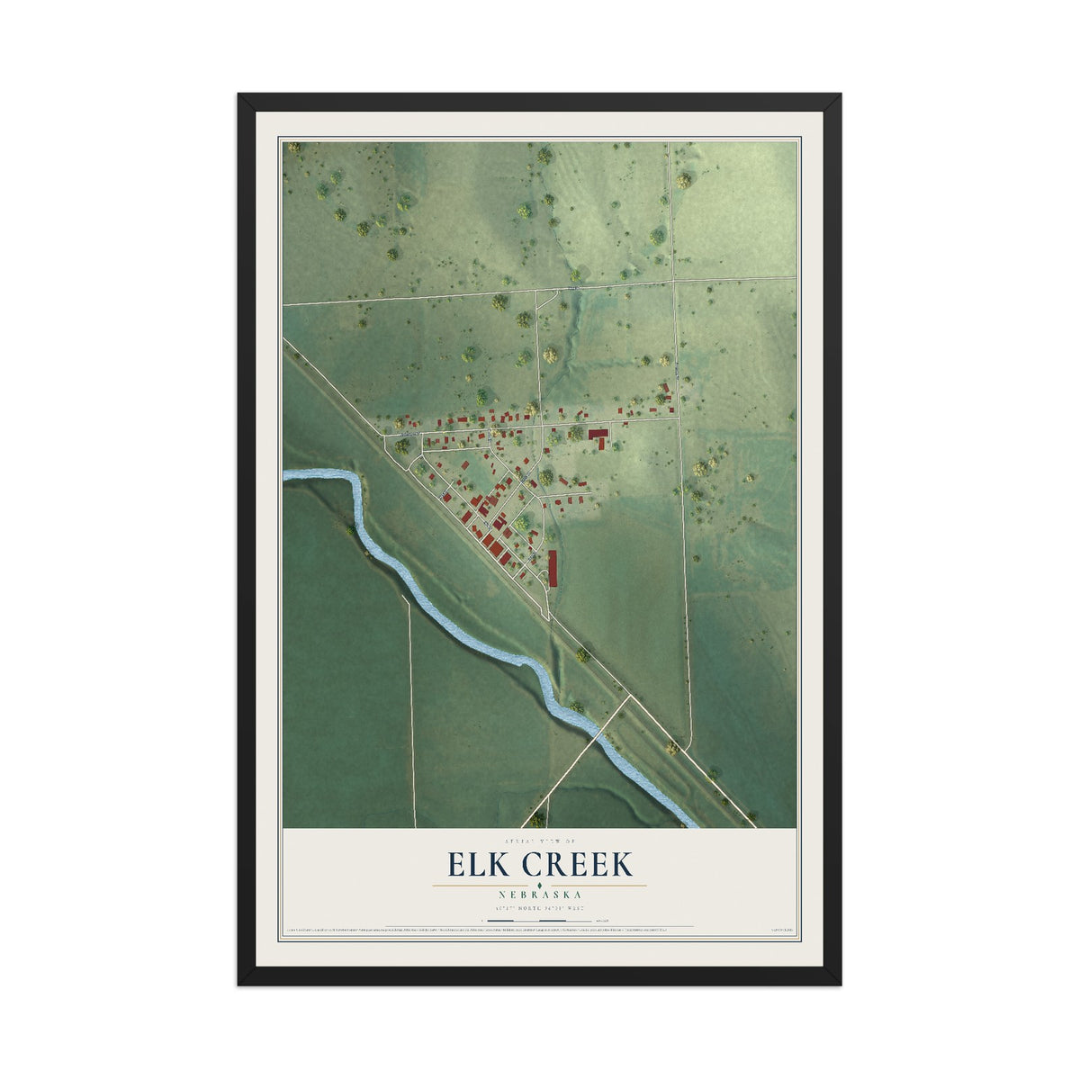 Map of Elk Creek, Nebraska, 12 x 18 inch print in a black wood frame