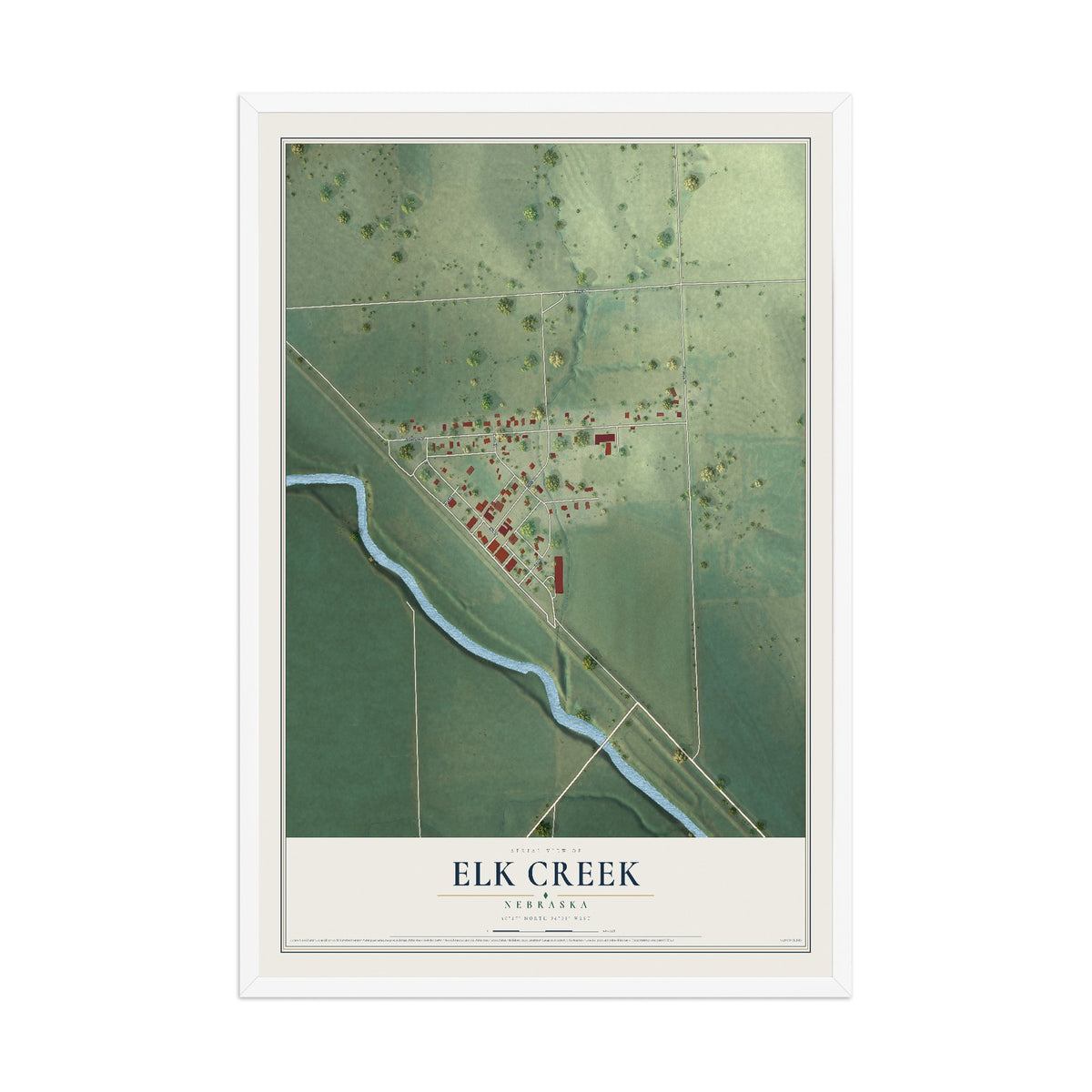 Map of Elk Creek, Nebraska, 12 x 18 inch print in a white wood frame