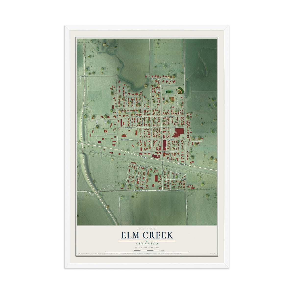 Map of Elm Creek, Nebraska, 12 x 18 inch print in a white wood frame