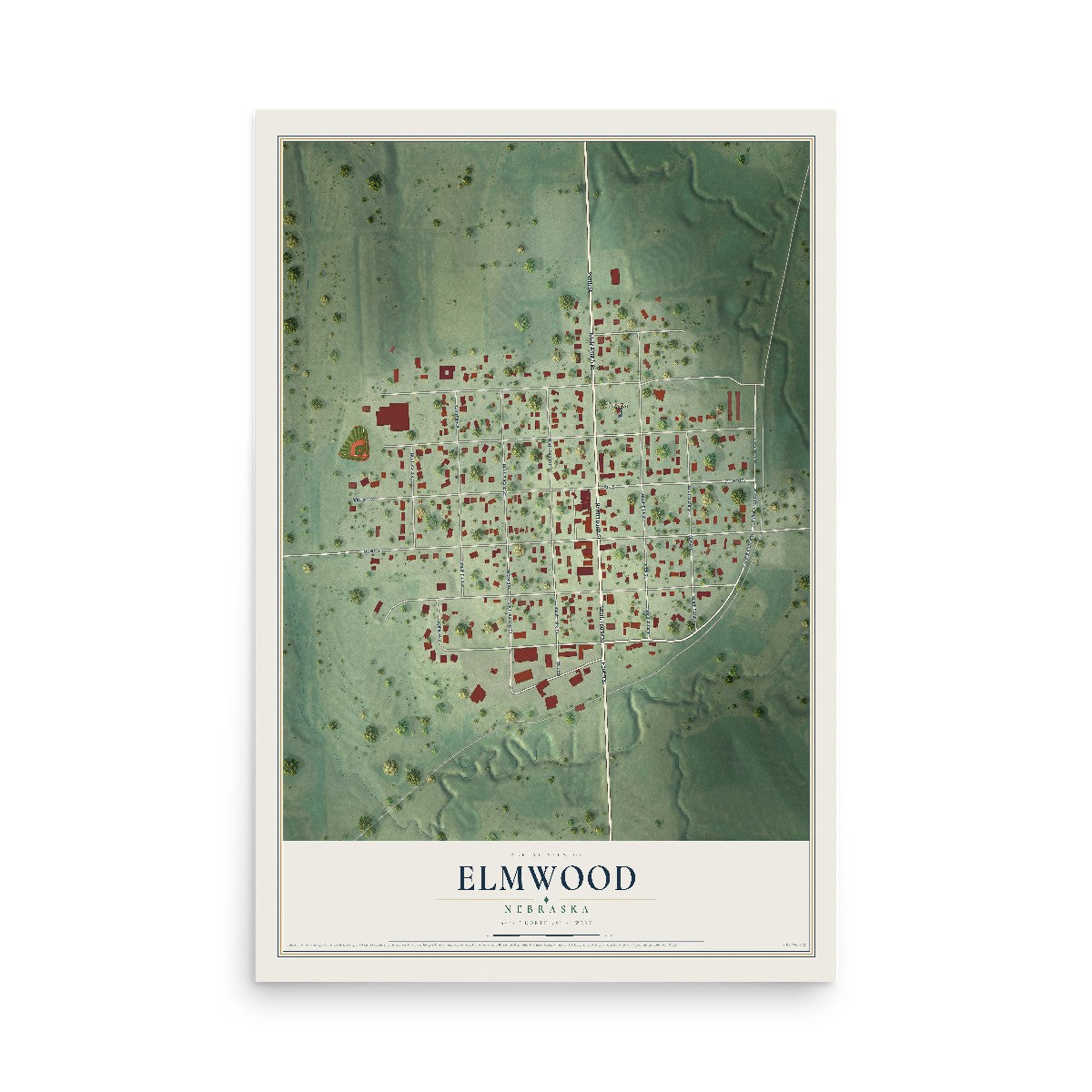Map of Elmwood, Nebraska, 12 x 18 inch unframed archival matte print