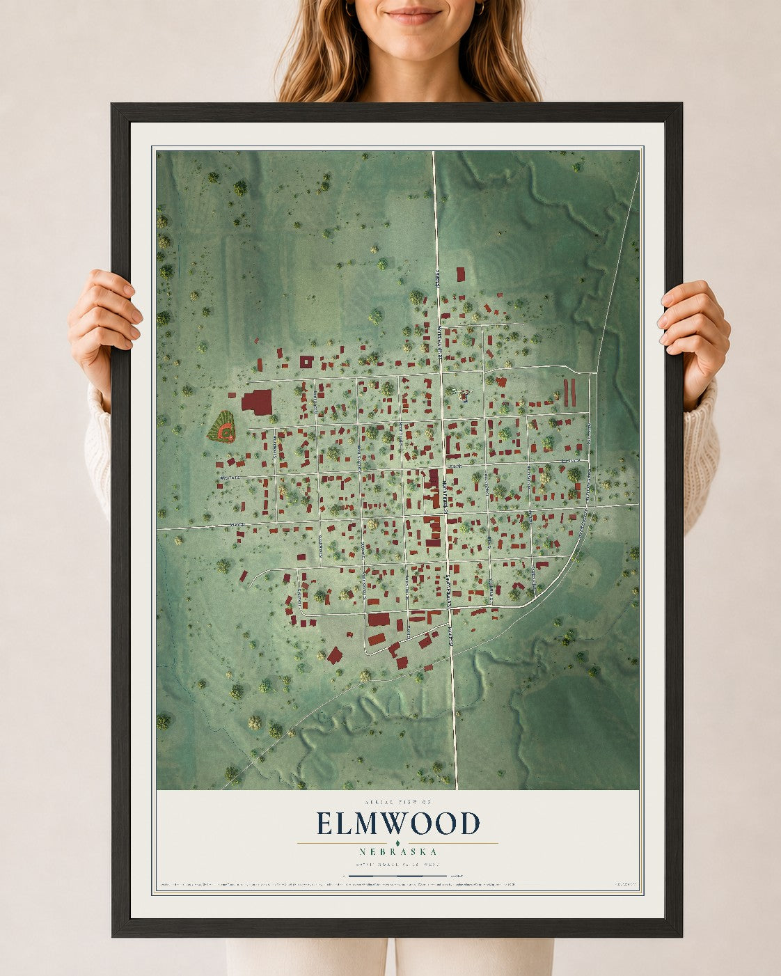 Map of Elmwood, Nebraska, 24 x 36 inch print in a black wood frame