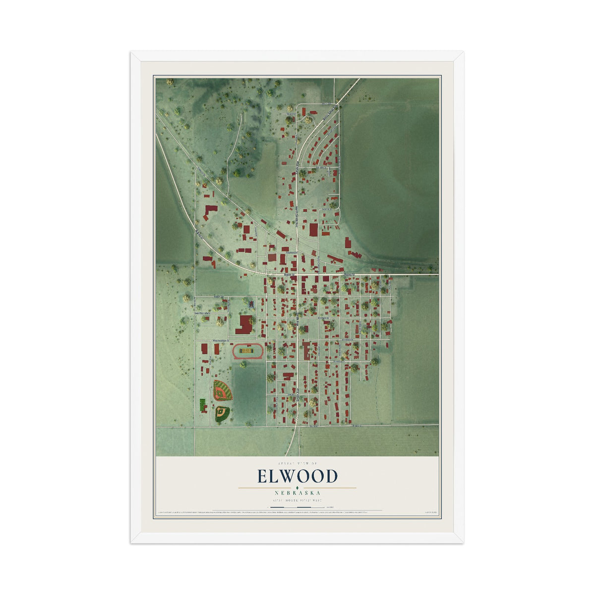 Map of Elwood, Nebraska, 12 x 18 inch print in a white wood frame