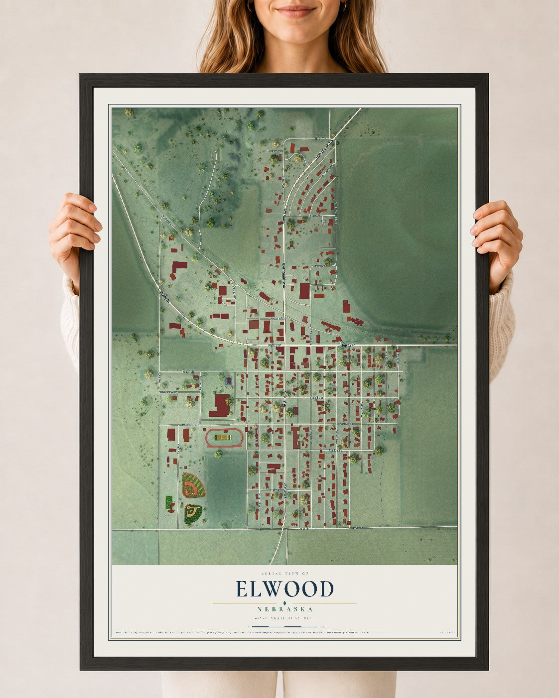 Map of Elwood, Nebraska, 24 x 36 inch print in a black wood frame