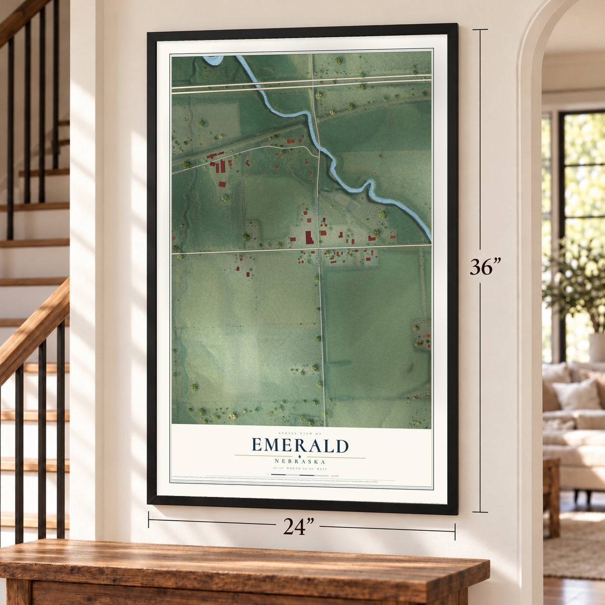 Emerald, Nebraska map, 24 x 36 inch print in a black frame by a staircase