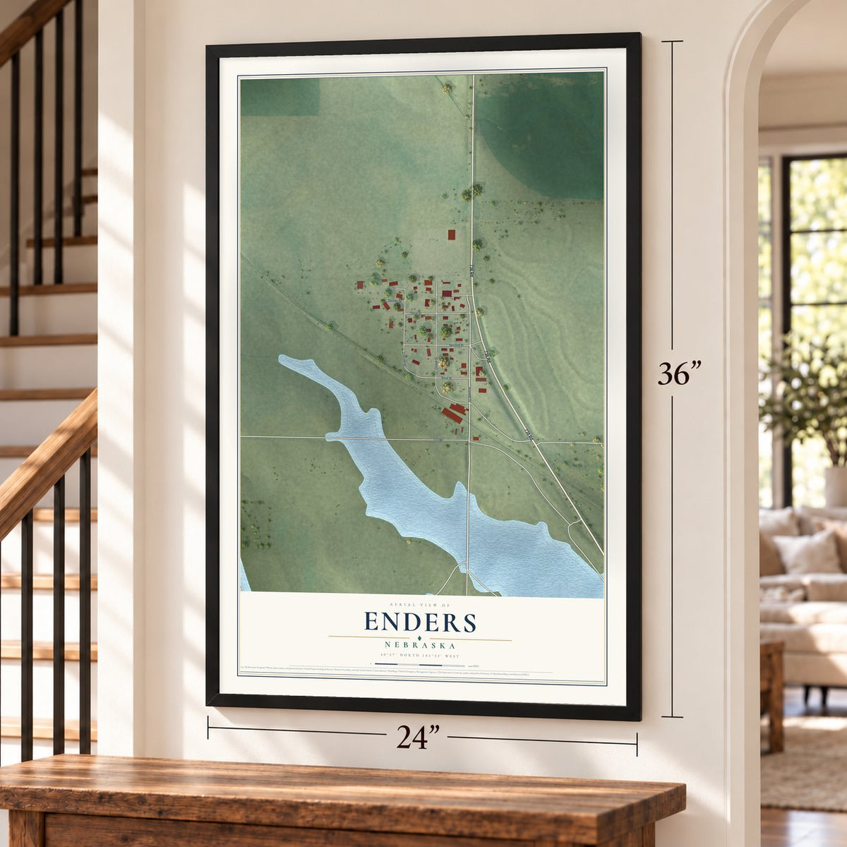 Enders, Nebraska map, 24 x 36 inch print in a black frame by a staircase