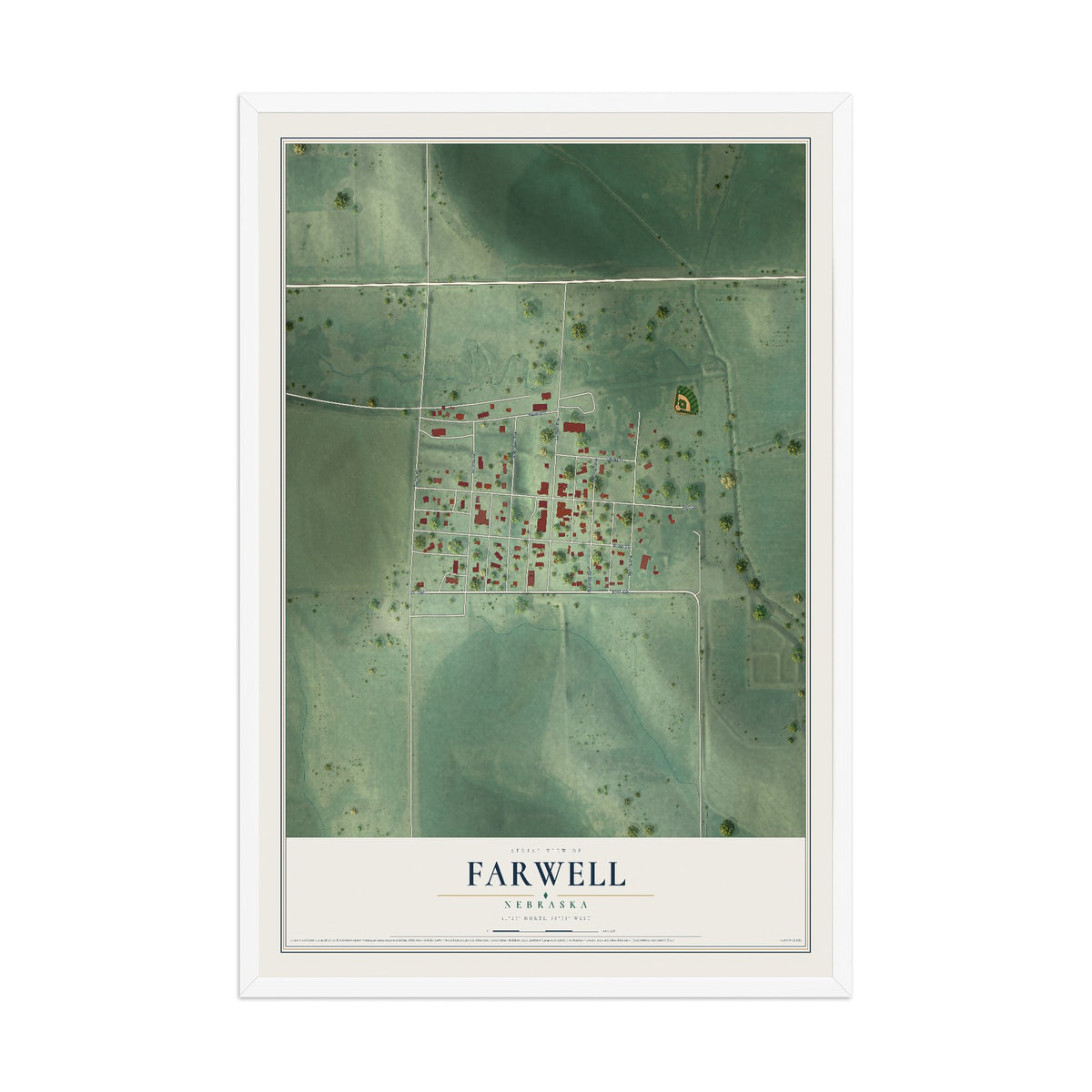 Map of Farwell, Nebraska, 12 x 18 inch print in a white wood frame