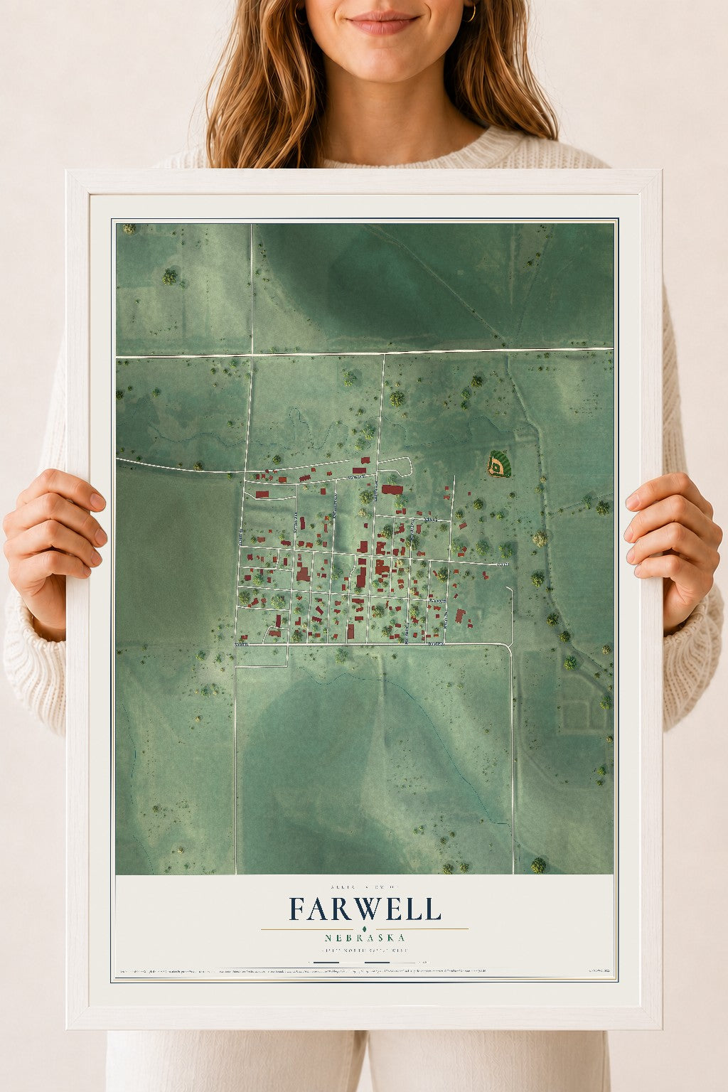 Map of Farwell, Nebraska, 18 x 24 inch print in a white wood frame