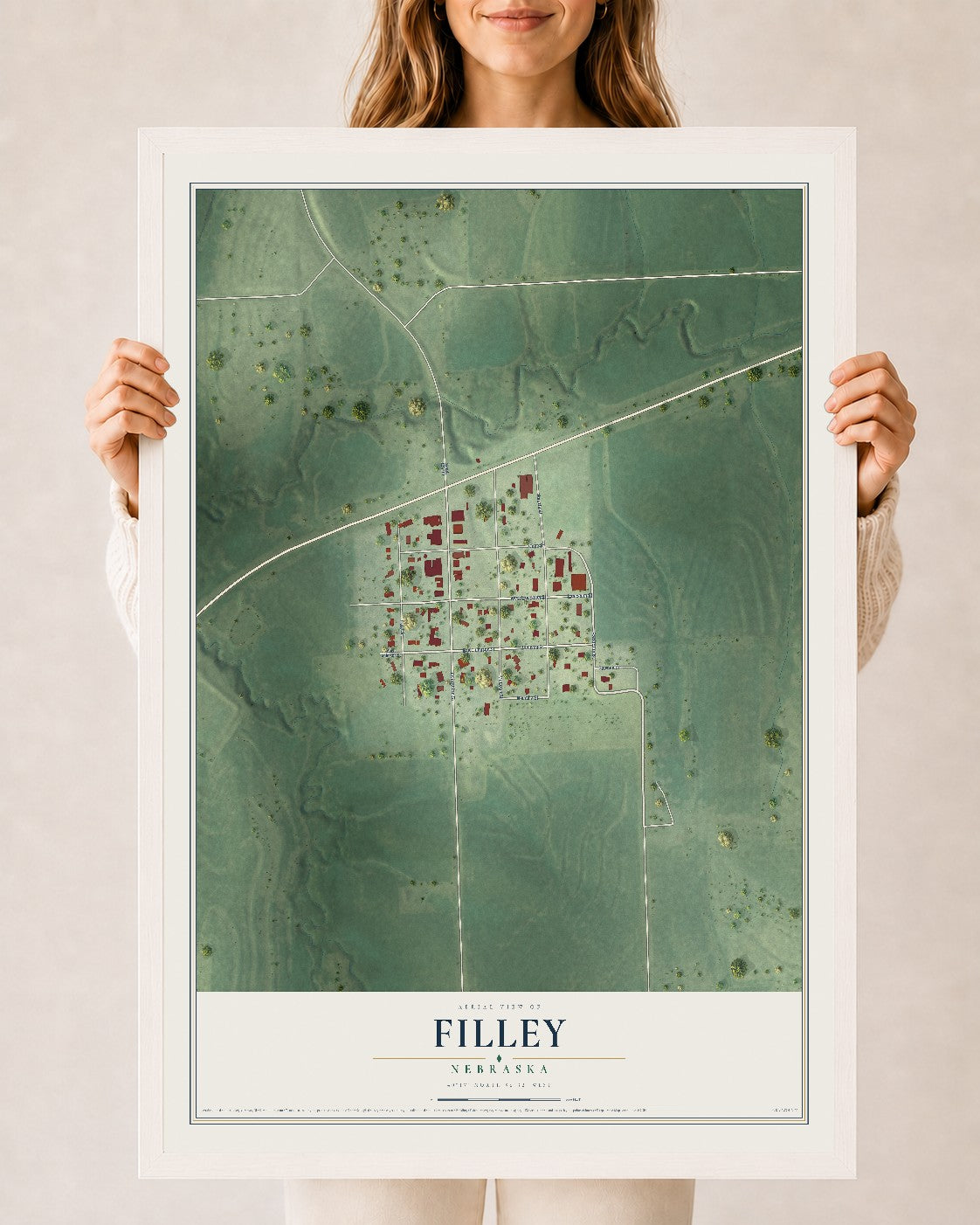 Map of Filley, Nebraska, 24 x 36 inch print in a white wood frame