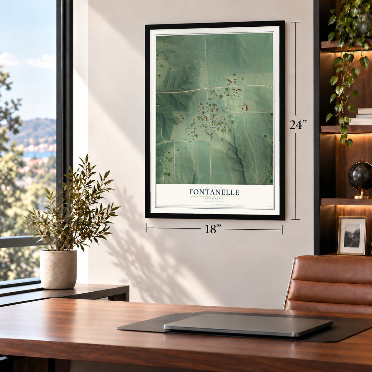 Fontanelle, Nebraska map, 18 x 24 inch print in a black frame in a home office