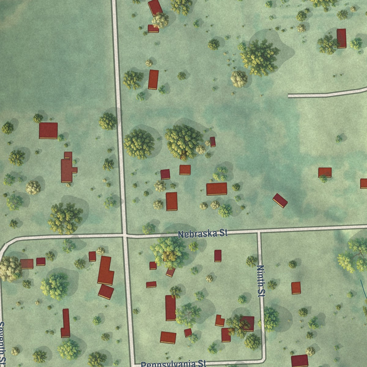 Close-up of the map of Fontanelle, Nebraska print showing street and building detail