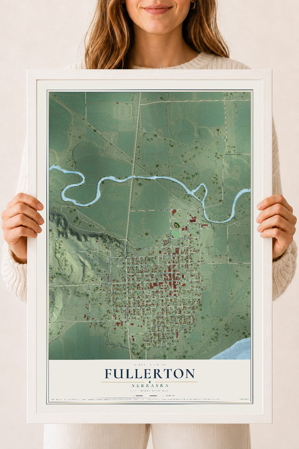 Map of Fullerton, Nebraska, 18 x 24 inch print in a white wood frame