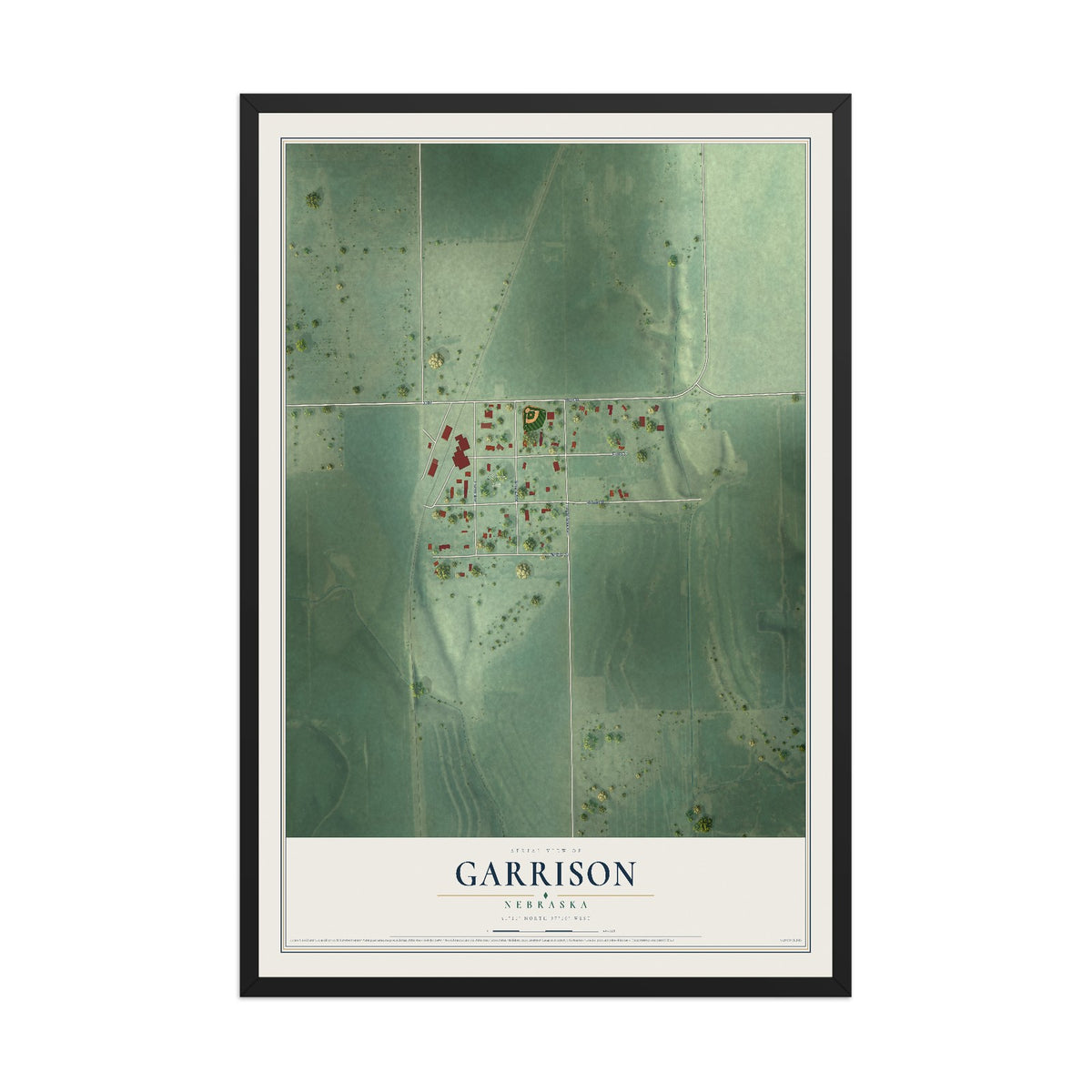 Map of Garrison, Nebraska, 12 x 18 inch print in a black wood frame