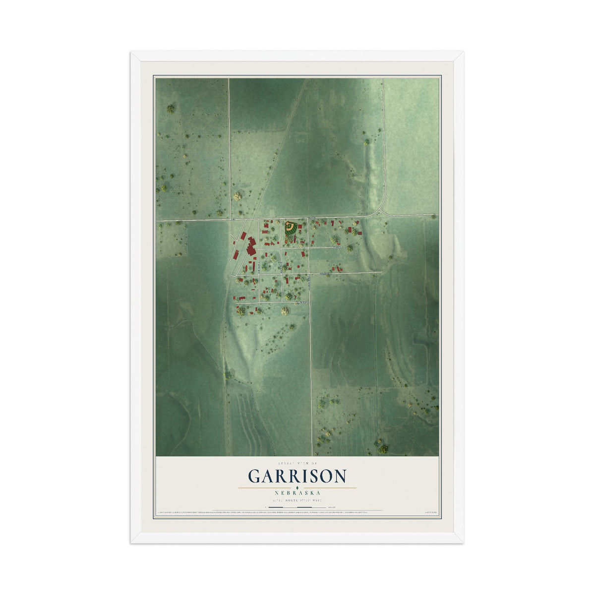 Map of Garrison, Nebraska, 12 x 18 inch print in a white wood frame
