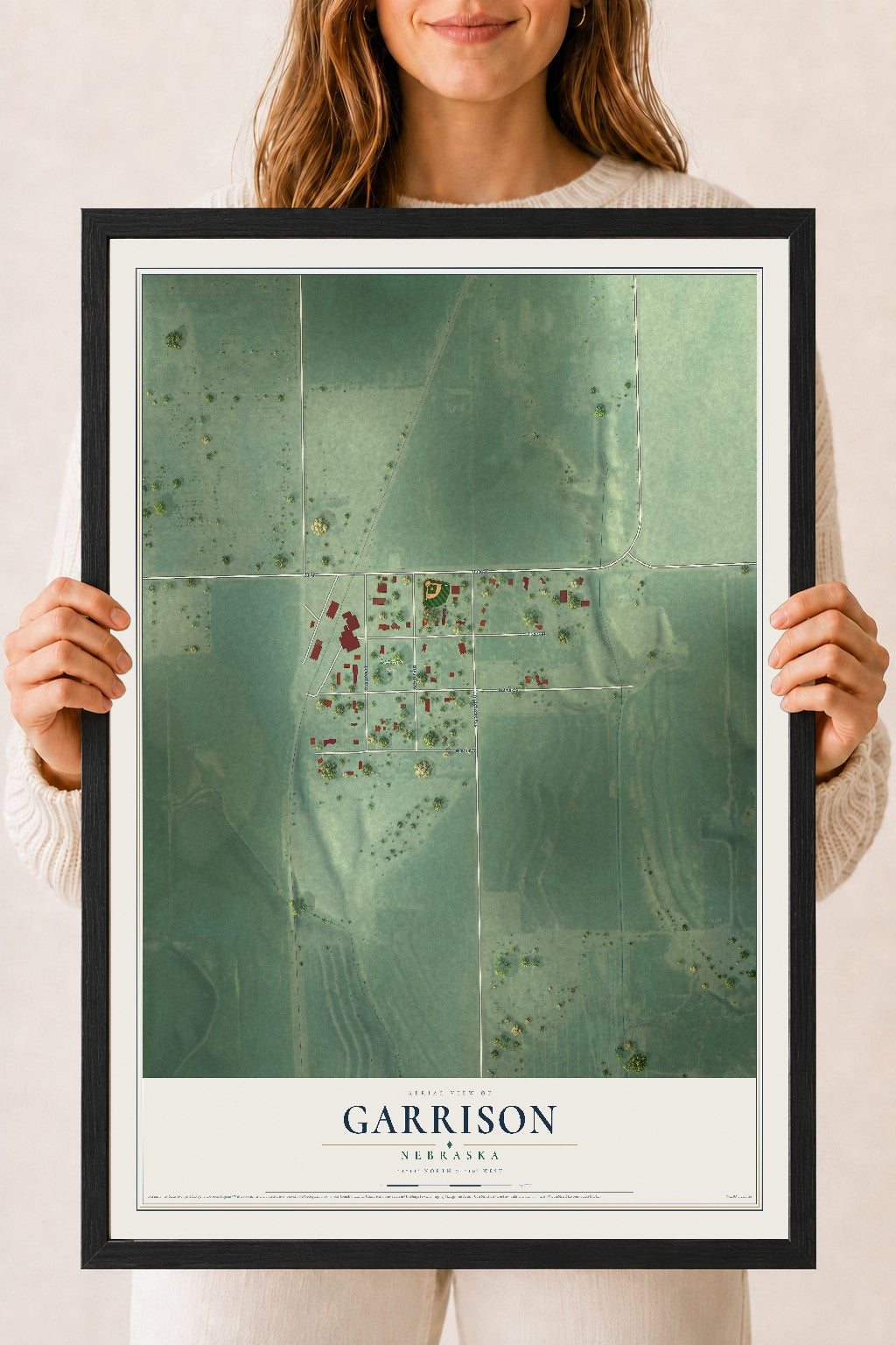 Map of Garrison, Nebraska, 18 x 24 inch print in a black wood frame