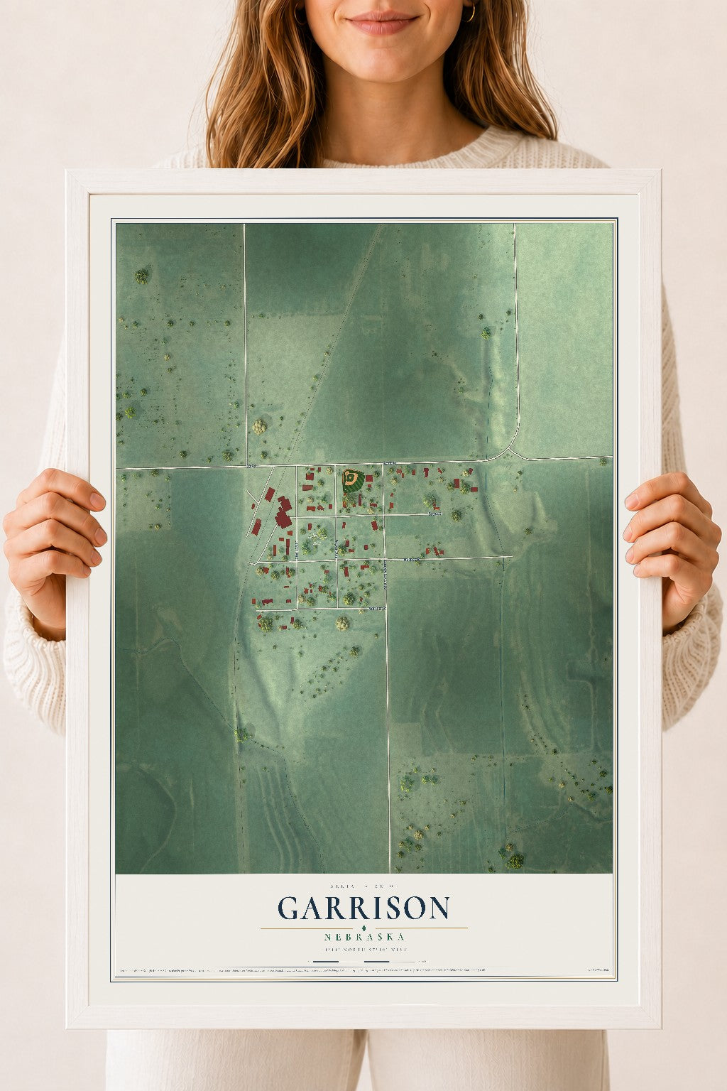 Map of Garrison, Nebraska, 18 x 24 inch print in a white wood frame