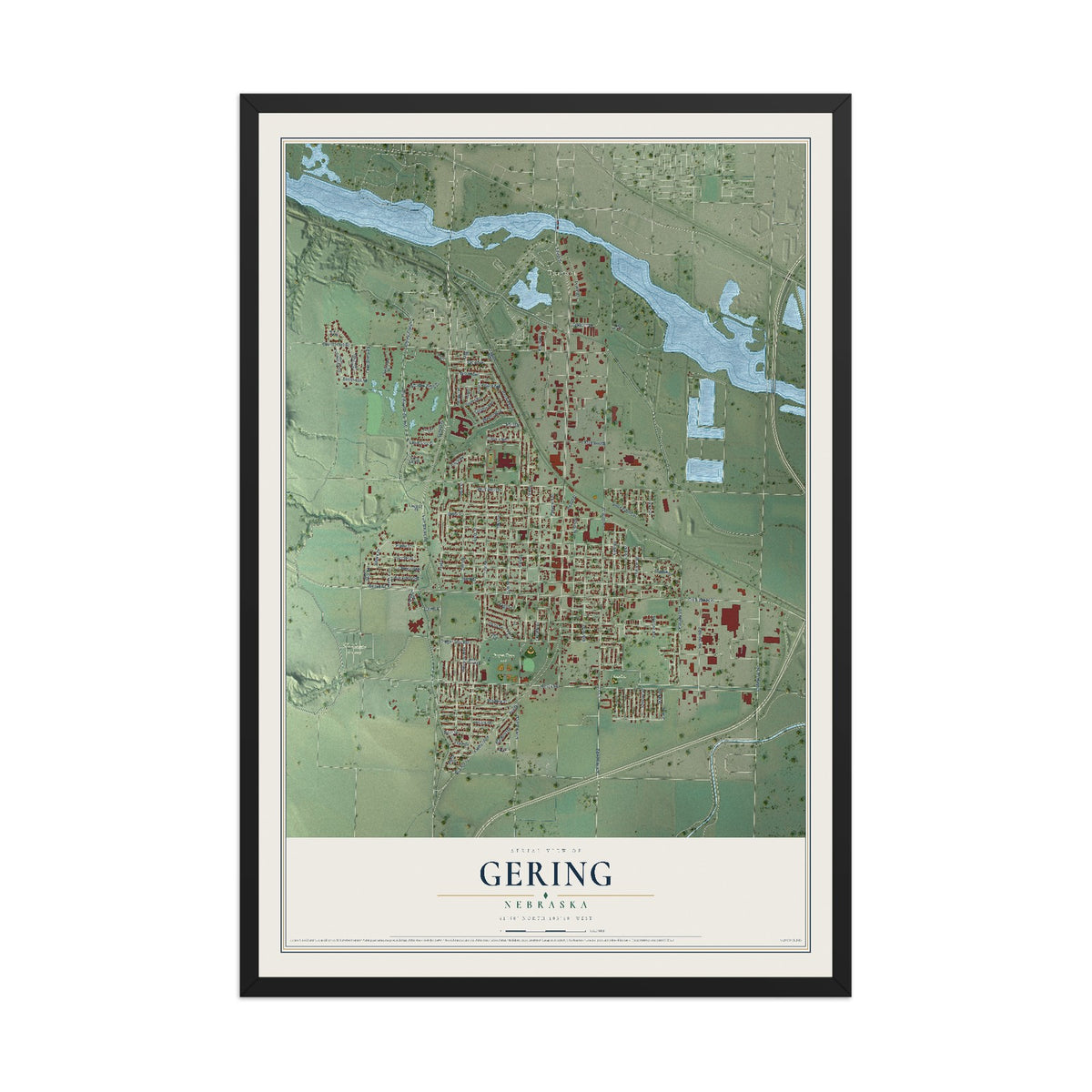 Map of Gering, Nebraska, 12 x 18 inch print in a black wood frame