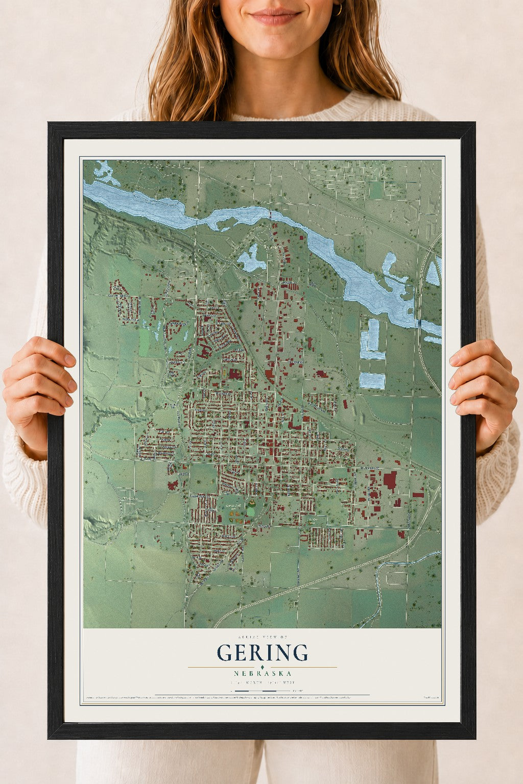 Map of Gering, Nebraska, 18 x 24 inch print in a black wood frame