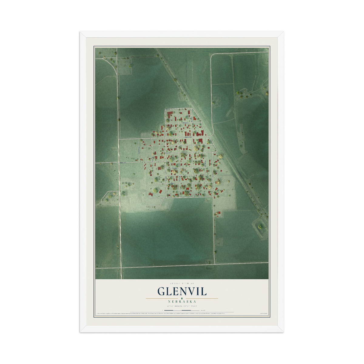 Map of Glenvil, Nebraska, 12 x 18 inch print in a white wood frame
