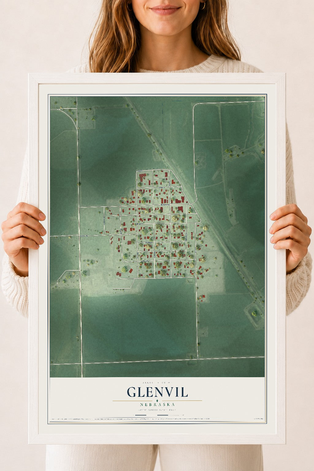 Map of Glenvil, Nebraska, 18 x 24 inch print in a white wood frame