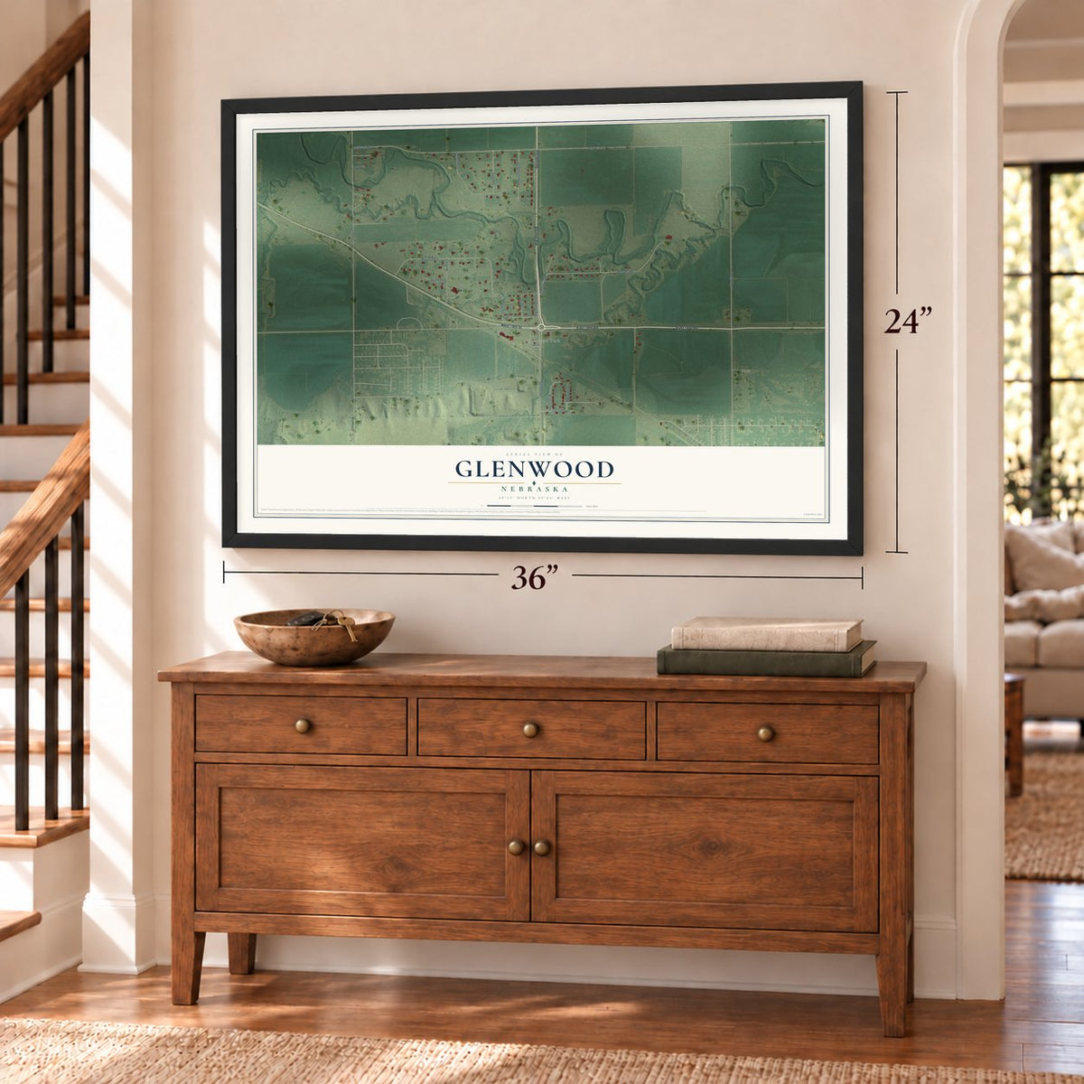 Glenwood, Nebraska map, 24 x 36 inch print in a black frame above a dresser by a staircase